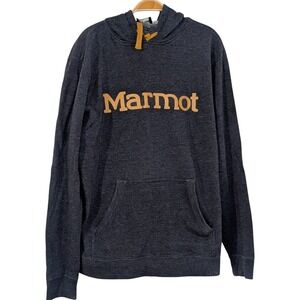 Marmot Mens XL Hoodie Pullover Heather Gray Yellow Logo Sweatshirt